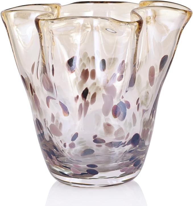Hand Blown Amber Glass vase, Unique Brown Glass Wide Mouth vase for Console Office TV Stand Coffee Table entryway Entrance Desktop Living Room Table Centerpiece.