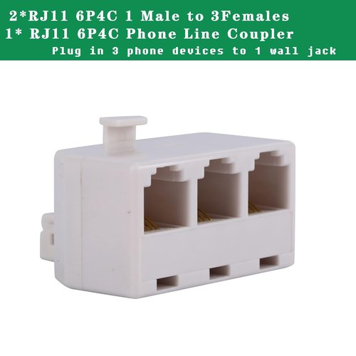 LanSenSu Phone Jack Splitter 2-Pack with Coupler - RJ11 6P4C Male to Female, Beige (3 Way)