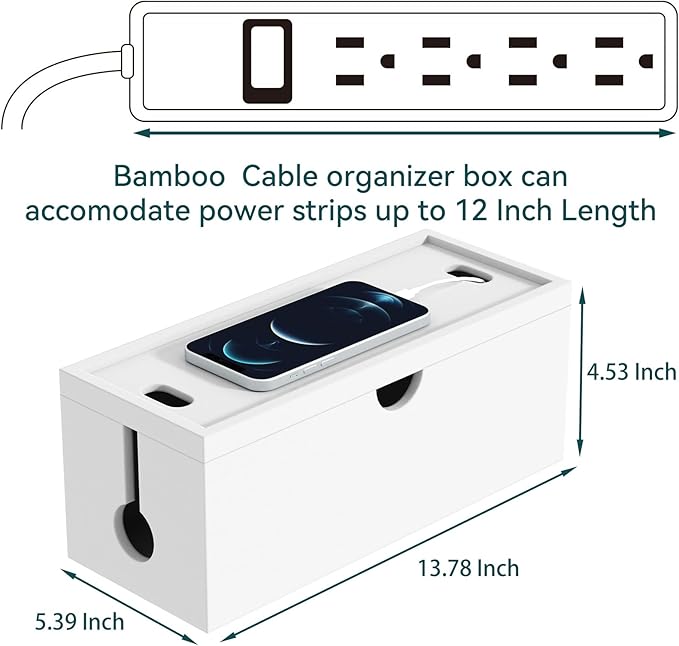 Bamboo Cable Management Box, Large Cord Organizer Box Cable Box to Hide Wires & Power Strips for Desktop Storage Cord Holder for Office Home,No Assembley Required (All White, 1Medium)