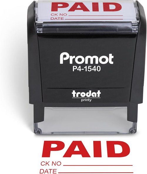 Promot Paid Stamp - Self-Inking Office Stamp with Check Number & Date | Red Ink Rubber Stamp