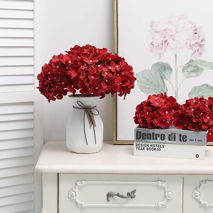 Fake Red Hydrangea Artificial Flowers - Faux Silk Hydrangeas Flowers Heads with Stems Real Touch for Home Wedding Party Table Decor(Red,Pack of 10)