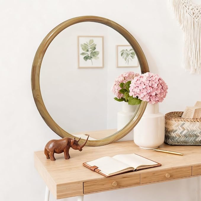 Elountik 35.43 Inch Round Wall Mirror with Natural Wood Frame for Bathroom, Bedroom, Entryway, Mid-Century Modern Decorative Circle Mirror
