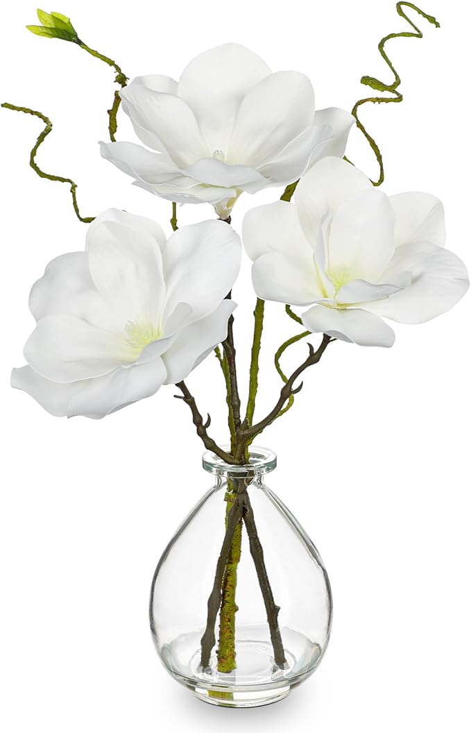 DILATATA Faux Flowers in Vase 14.5" Magnolias Flowers Arrangement with Faux Water Real Touch Flowers for Wedding Table Centerpiece Home Decor, White