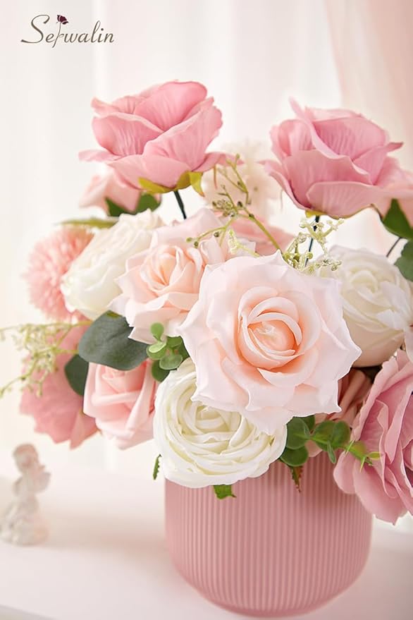 Serwalin 2 Pcs Artificial Flowers Fake Flowers for DIY Wedding Bouquets Cake Flowers Decoration Mixed Roses Combo Blush Pink and White Flower Centerpieces Arrangements for Home Party Decor