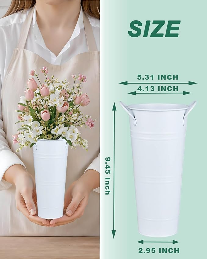 9 Inch Galvanized Metal Vases for Flowers - 6 Pcs Farmhouse Decorative Tall Flower Bucket with Handles, Rustic French Tin Planter Buckets for Wedding Decor (Pure White)