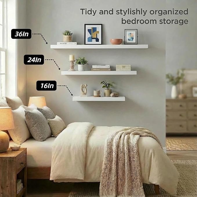 SAUMONIERES Floating Shelves Wall Shelf Solid Wood for Bathroom Bedroom Kitchen Set of 3, White Wall Shelves