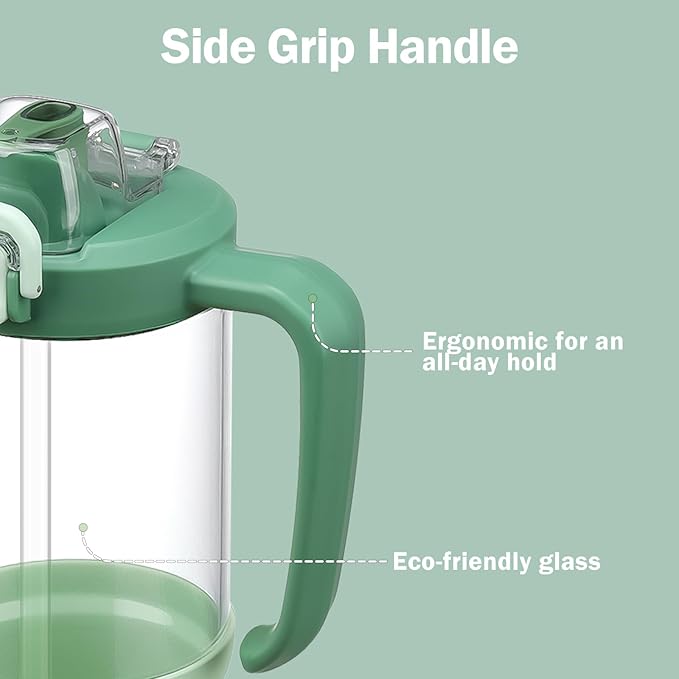 32oz Glass Water Bottle, 2-in-1 Straw and Sip Spout Lid, Leakproof Wide Mouth Tumbler with Handle, BPA-Free Reusable Bottle for Sports, Office, Outdoor, Light Green