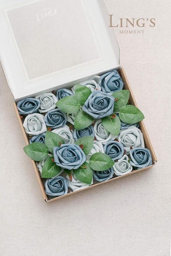 Ling's moment Artificial Rose Buds and Petite Roses w/Stem Pack of 25 for DIY Wedding Bouquets Centerpieces Decorations Boutonniere Corsages (Dusty Blue Shades)
