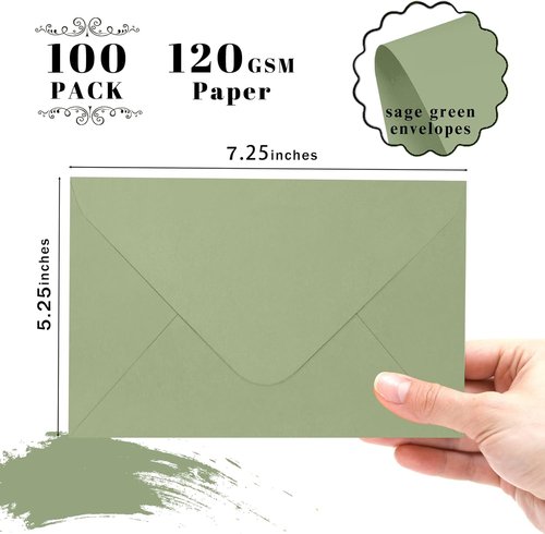 Goefun Sage Green Envelopes - 100 Pack V Flap Printable Invitations & Gift Cards | 5.25 x 7.25 in, 120GSM