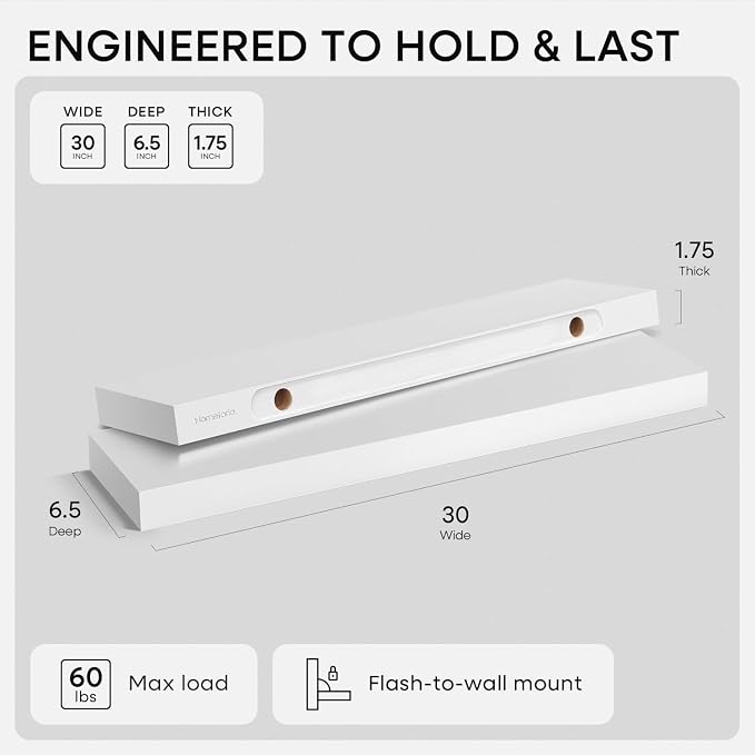 Homeforia White Floating Shelves 30 inch, High End Solid Real Wood 30inch Floating Shelf for Wall Mounted, White Wooden 30in Long Floating Shelves, Heavy Duty Bracket, 30 X 6.5 X 1.75 inches, Set of 4