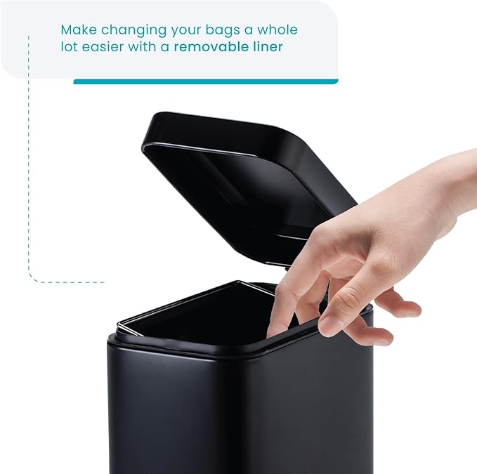 Home Zone Living 3-Pack 1.3 Gallon Small Black Bathroom Trash Can with Lid and Step Pedal, Stainless Steel Wastebasket with Slim Design for Home and Office, 5 Liters