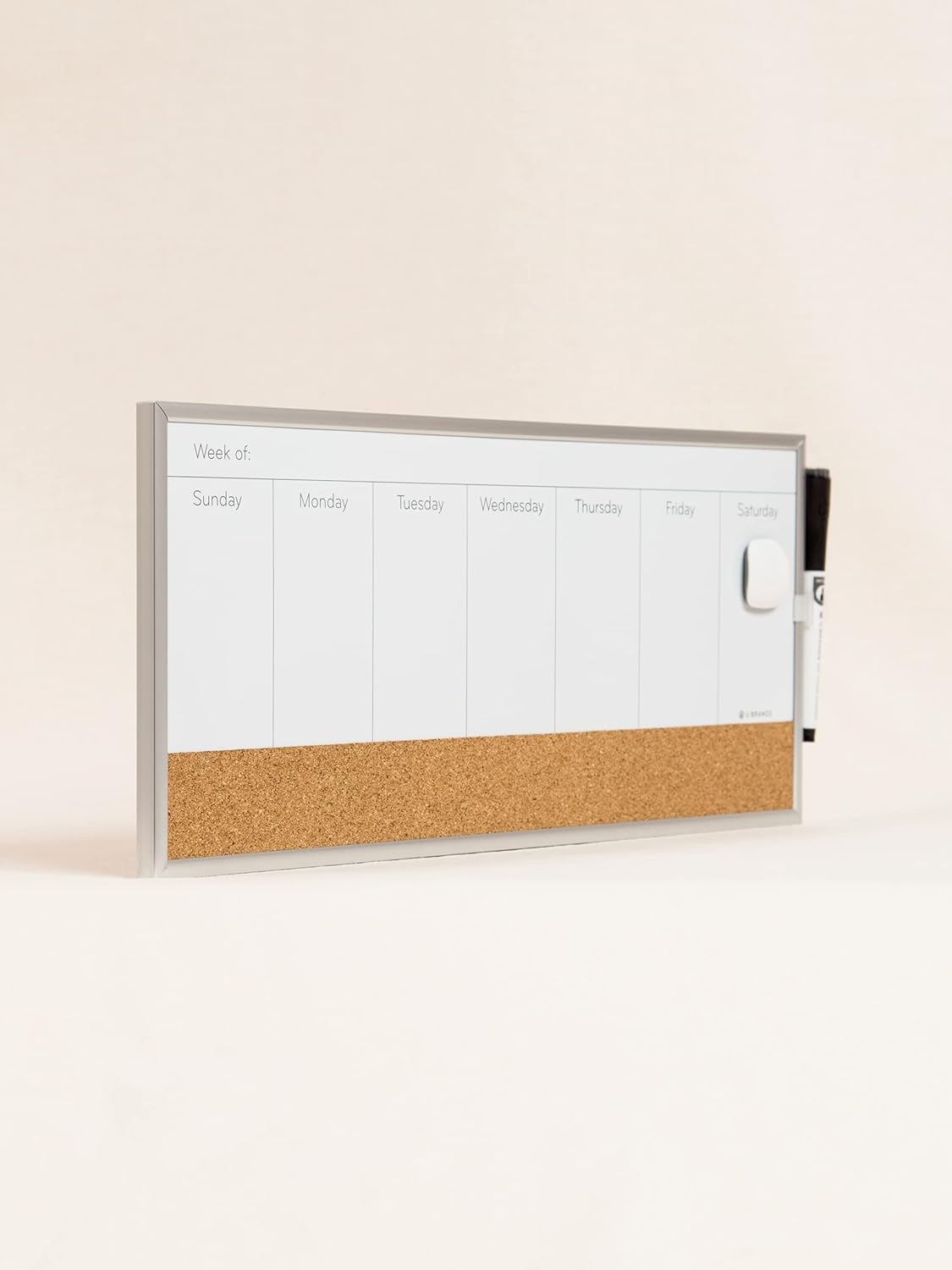 U Brands Magnetic Dry Erase Weekly Calendar | 18" x 7.5" with Cork Strip & Silver Frame