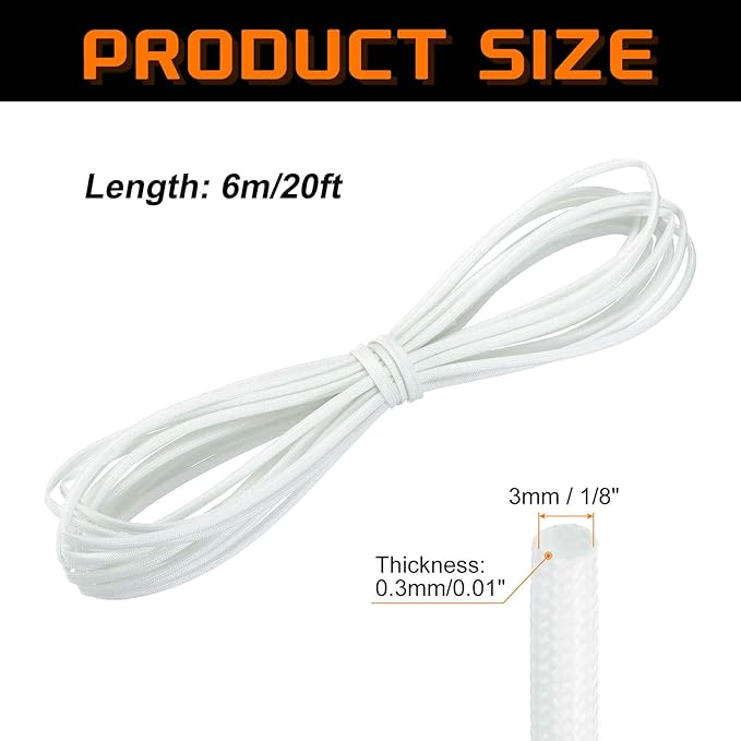 MECCANIXITY 20ft Braided Cable Sleeve, 1/8" ID 200C High Temperature 1500V Fiberglass Wire Insulation Cord Protector Organizer Wires Management for Motor Engine Fuel Line, White
