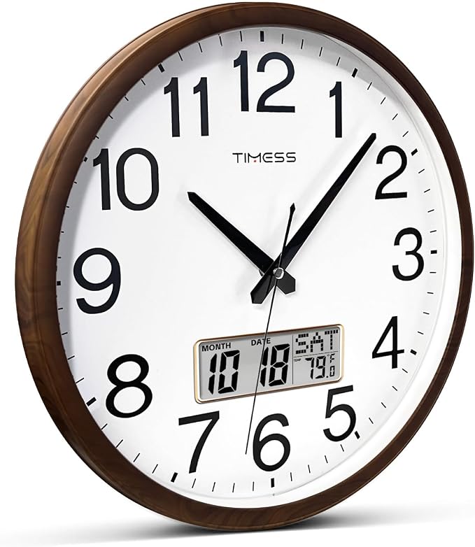 TIMESS Wall Clock, Classic Wood Style Finish, 11 Inch Non-Ticking Silent Battery Operated Quartz Analog with Perpetual Calendar and F° Temperature Display, Home, Office Décor (Wood Brown)