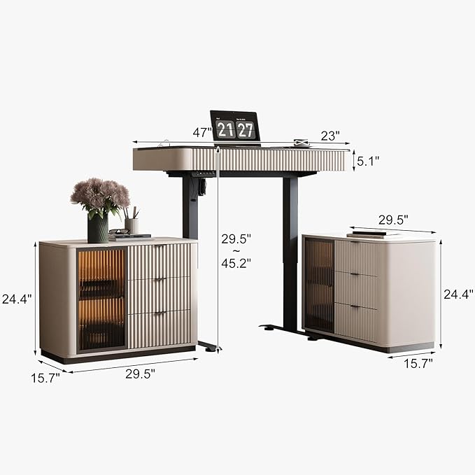 Lartis Office Desk, Electric Standing Desk with Built-in Outlets, Tempered Glass Top Modern Office Computer Desk with 2 Side cabinets (Pale Pink, 47)
