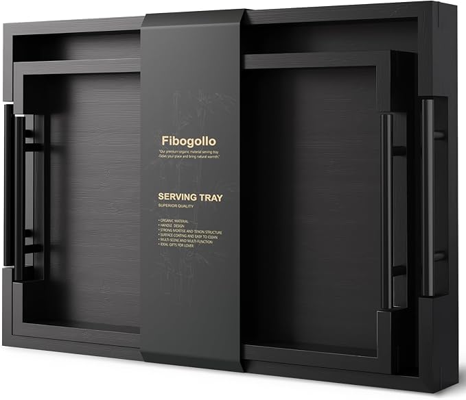 Fibogollo Bamboo Set of 2 Serving Tray with Metal Handles,Ottoman Decorative Trays Platter for Coffee Table,Living Room,Bar,Party(Black)