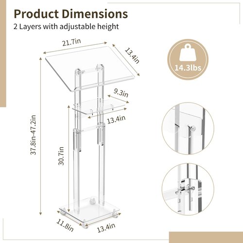 Skiennix Acrylic Podium Stand - Portable Rolling Design with Lockable Wheels & Adjustable Height | Clear with Storage Shelf