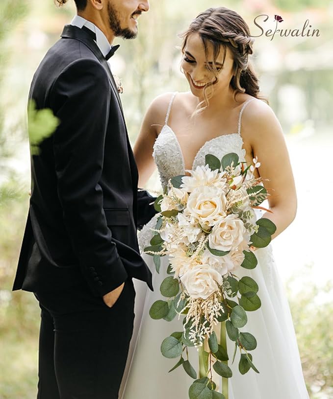 Serwalin 9.8in Wedding Bouquets for Bride, Boho Champagne Roses & Dahlia Flowers for Wedding Decoration