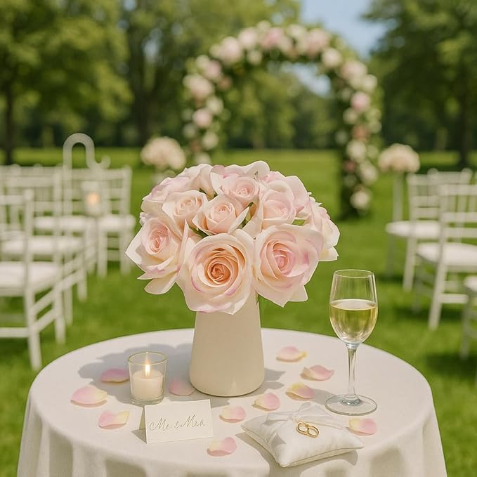 12-Piece Faux Real Touch Rose Bouquet in Ceramic Vase, Fake Flowers in Vase, Artificial Flowers for Home, Wedding, Bridal Bouquet, Party & Dining Table Centerpiece Decor (Pink Edge, 10" High)