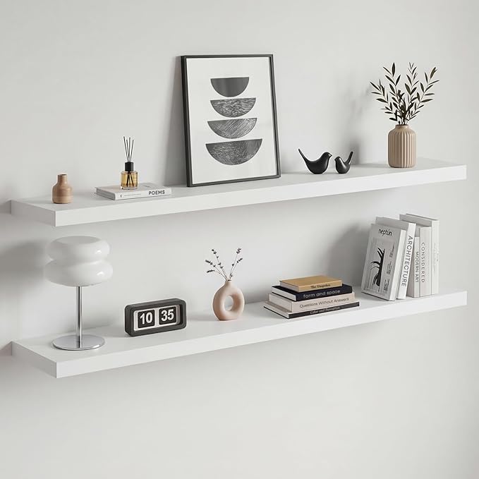 Homeforia White Floating Shelf 48 inches, High End Solid Real Wood 48inch Long Floating Shelves for Wall Mounted, White Wooden 48in Floating Shelves, Heavy Duty Bracket, 48 X 6.5 X 1.75 inch, Set of 3