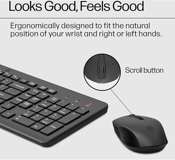 HP 330 Wireless Keyboard and Mouse Combo - 2.4 Ghz Wireless USB Receiver - Chiclet Keys, 12 Keyboard Shortcuts - 1600 DPI Multi-Surface Mouse - LED Num Lock, Caps Lock, Scroll Lock (2V9E6AA)
