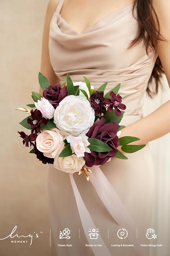 Ling's moment Artificial Flowers Red Bridesmaid Bouquet, Marsala & Blush Wedding Flowers Bouquets for Bridesmaids, 7 Inch Bridal Bouquets for Bridesmaids, Wedding Decor, Ceremony, etc