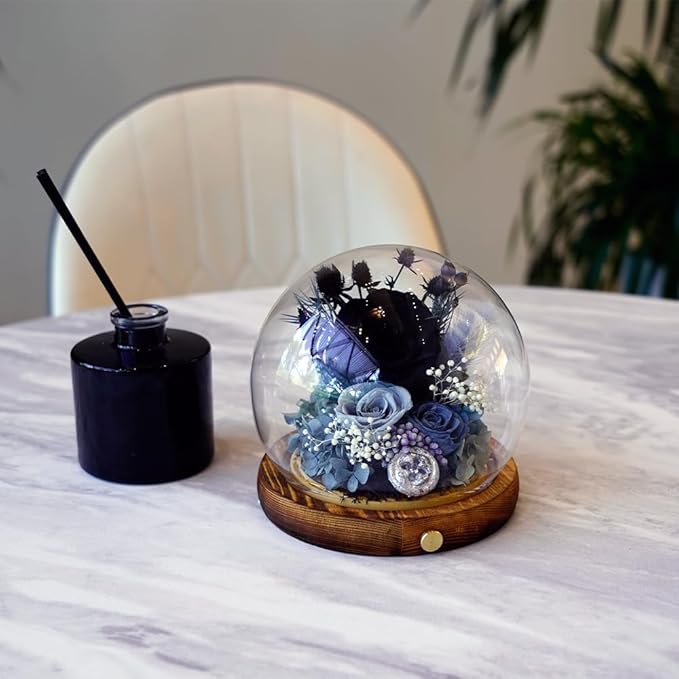 Preserved Real Rose Flowers in Glass Dome with LED Lights,Real Rose Flowers Unique Floral Gift for Girlfriend Mom Wife Girlfriend on Christmas Birthday Anniversary (Elegant Black)