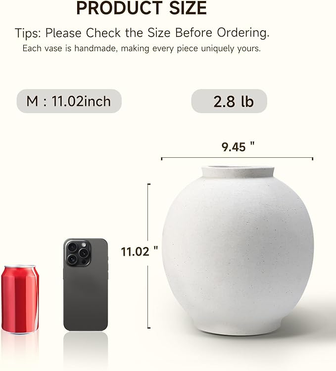 Sandstone Large White Ceramic Vase, 11- Inch Matte White Rounded Design for Easy Arranging, Farmhouse & Minimalist Home Decor for Living Room, Mantel, Dining Table, Entryway, Bathroom, Weddings