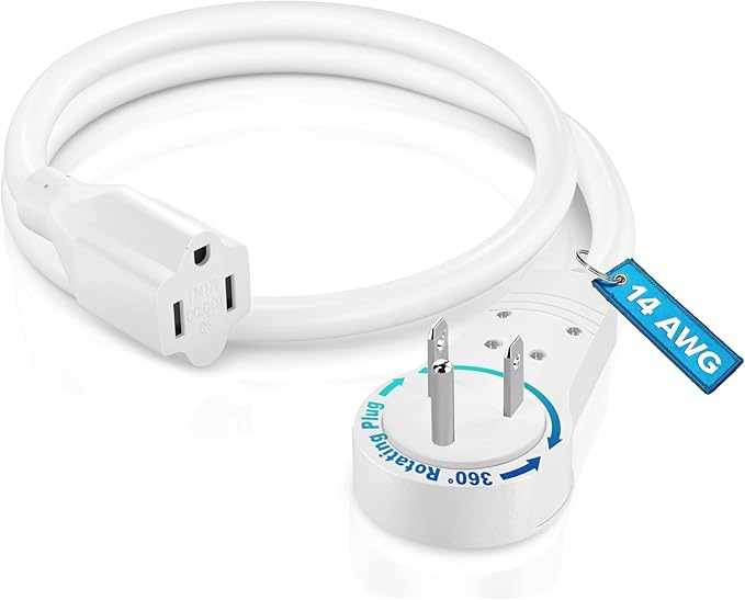 Maximm Cable 2 Feet 14Awg 360° Rotating Flat Plug Extension Cord/Wire, 3 Prong Grounded Wire, Heavy Duty Extension Cord - UL Certified - White