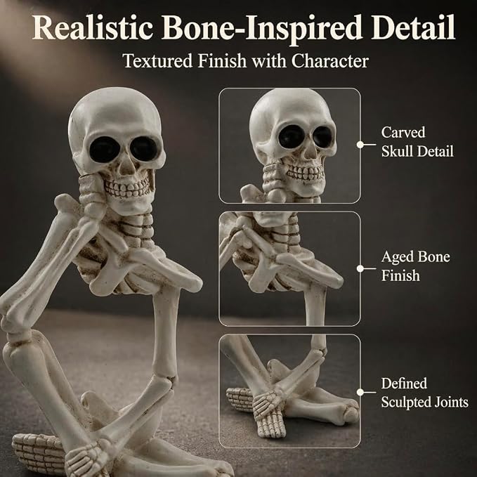 Skeleton Thinker Decor Set of 3, Resin Gothic Figurines for Home Decor, Aesthetic Skull Shelf Decor, Halloween Decorations for Home, Bookshelf & Office Accents