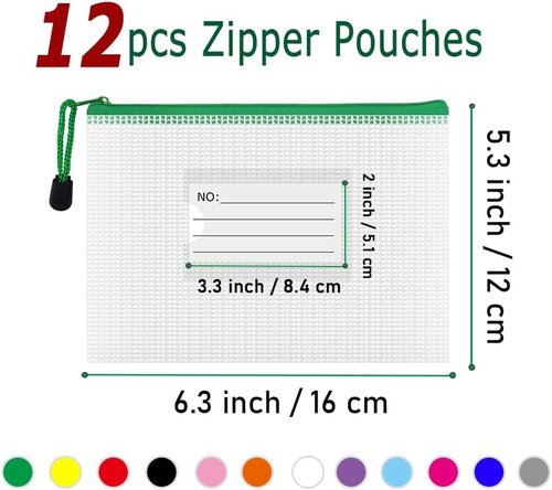 AUSTARK Plastic Mesh Zipper Pouch - 12 Waterproof File Bags with Label Pocket | A6 Size 6.3x4.7 in