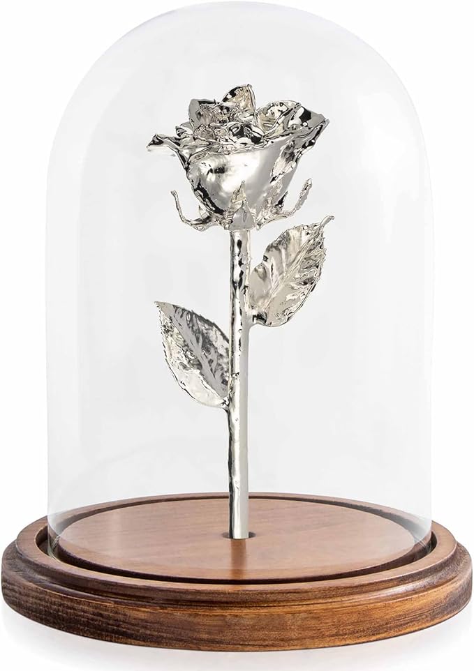 Forever Rose Enchanted Preserved with Real Silver Rose Lasts Forever | Includes Wood Base & Glass Dome | Silver Dipped Rose Assembled by Hand in The USA | Romantic Gifts for Women