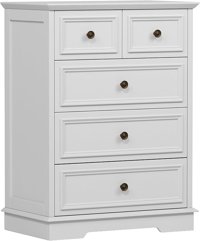 White 5 Drawer Dresser for Bedroom, Modern Chest of Drawers, Wooden Storage Dresser with Deep Drawers for Bedroom, Living Room, Entryway, Hallway