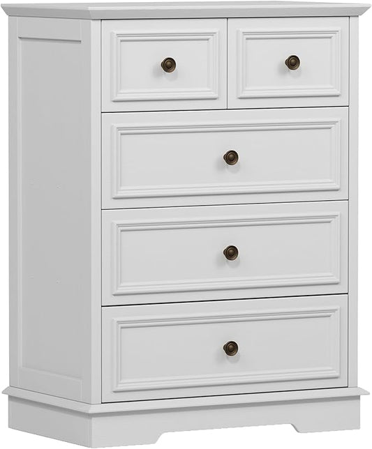 White 5 Drawer Dresser for Bedroom, Modern Chest of Drawers, Wooden Storage Dresser with Deep Drawers for Bedroom, Living Room, Entryway, Hallway