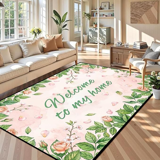 Welcome Rug Floral Area Rug for Bedroom Living Room Nursery Playroom Classroom Home Decor Pink Rose Green Leaf Carpet Non-Slip Washable Floor Mat,6'x9'