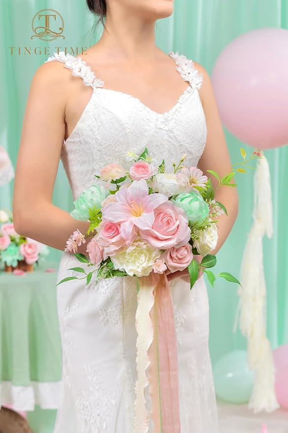 TINGE TIME Wedding Bouquets for Bride, 9 Inch Handcrafted Silk Bridal Flowers Bouquets for Wedding Ceremony, Gift for Bridesmaid, Bouquet for Party Church Decoration,and Romance Gifts (MintGreen&Pink)