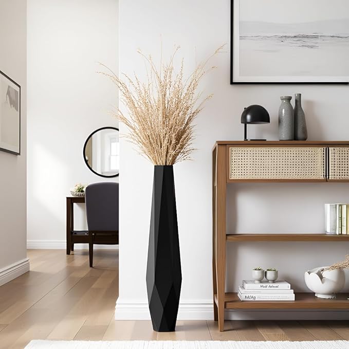 Tall Vases - 27.5" Tall Floor Vase for Home Decor, Resin Floor Vase with Handmade Dimensional Geometric Style, Fits Into Hay/Pampas Grass, Boho Living Room Decor (Black)