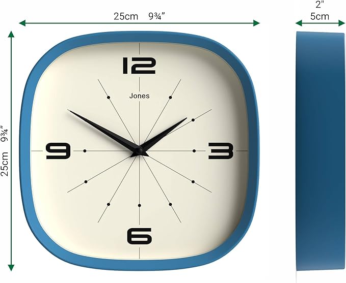 JONES CLOCKS® Pulsar wall Clock | Square Rounded Retro Clock | 10 inch | Blue | Cool Designer Look for Kitchen, Living Room or Office