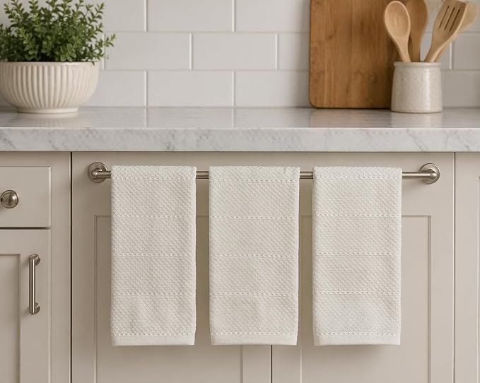 Off White Ivory Cream Kitchen Hand Dish Towels: Oversized 28" x 18",100% Cotton Cloth Soft Cleaning Drying Absorbent Textured Design, Set of 3 Multipurpose for Everyday Use (Creme Textured)