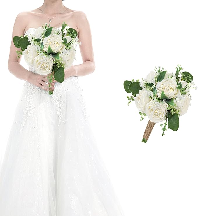 White Bridesmaid Bouquets for Wedding - 7 Inch Ivory Artificial Flowers Bouquets for Ceremony Anniversary Centerpieces Decorations