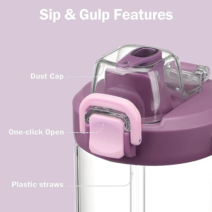 32oz Glass Water Bottle, 2-in-1 Straw and Sip Spout Lid, Leakproof Wide Mouth Tumbler with Handle, BPA-Free Reusable Bottle for Sports, Office, Outdoor, Lilac