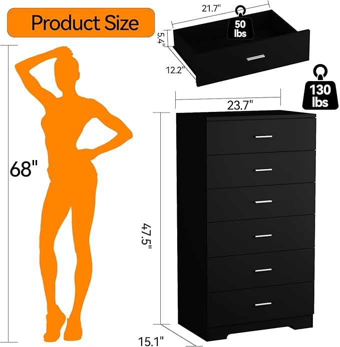 48" Tall Dresser for Bedroom Chest of Drawers with Power Outlets Wood 6 Drawers Dresser with Large Storage Space and Metal Handles Modern Closet Storage Drawer for Living Room Hallway Black