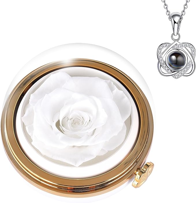 Preserved Real Rose with Heart Necklace , Eternal Flowers Gifts for Women, I Love You Gifts for Mom Wife Grandma Girlfriend, Christmas Valentines Mothers Day Anniversary Birthday Gifts Ideas (white)