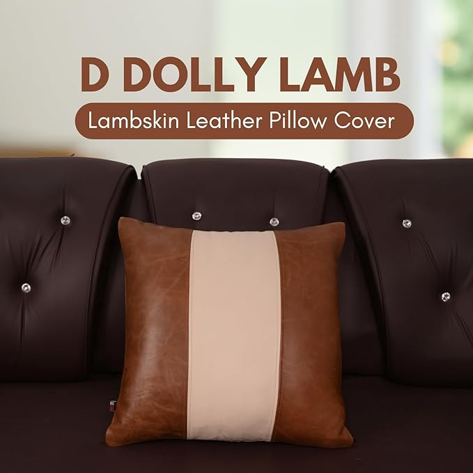 D DOLLY LAMB Lambskin Leather Pillow Cover - Sofa Cushion Case - Decorative Throw Covers for Living Room & Bedroom, 14x14 Inches - Tan & Off - White Plain