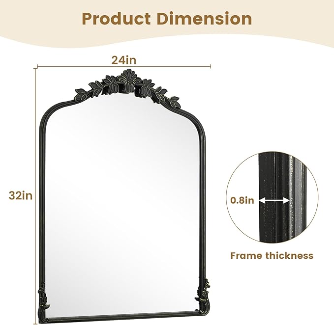 WallBeyond Black Antique Mirror for Vanity 24x32 Inch, Black Vintage Mirror with Ornate Frame, Arched Vintage Wall for Bathroom, Living Room, Fireplace