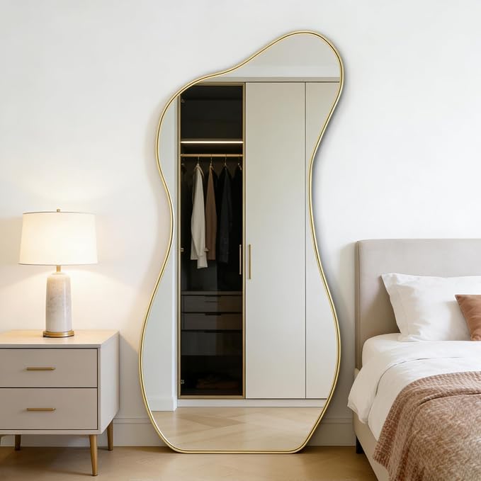 Large Irregular Wall Mirror, 63"x30" Asymmetrical Aesthetic Floor Mirror with Gold Metal Frame, Modern Organic Shaped Mirrors for Living Room Bedroom Hallway Entryway, Hanging or Leaning