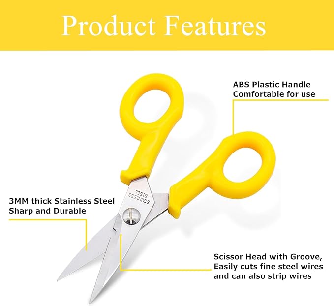 Electricians Scissors Fiber Optic, Electrical Scissor, Heavy-Duty Cable Cutters, 6 inch All Purpose Scissors for Crafting Office,Yellow (1)