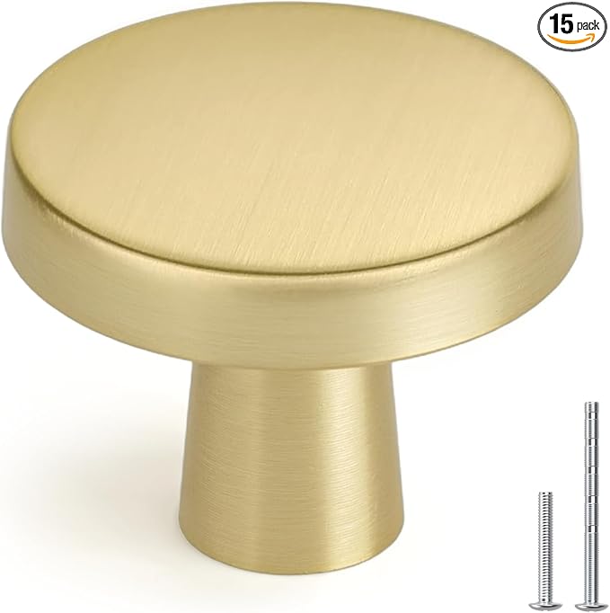 homdiy 15 Pack Gold Cabinet Knobs Round Brushed Brass Kitchen Handles Zinc Alloy Metal Hardware for Dresser Drawer Desk Cupboard