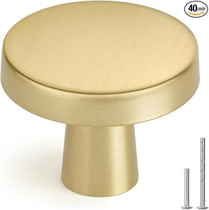 homdiy 40 Pack Gold Cabinet Knobs Round Brushed Brass Kitchen Handles Zinc Alloy Metal Hardware for Dresser Drawer Desk Cupboard