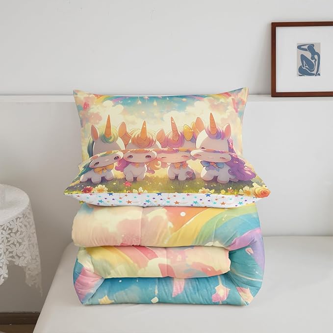 Unicorn Comforter Set Queen Size,Reversible Cute Unicorn Rainbow Cartoon Horse Animal Bedding Set for Women Adult,Kawaii Style Flowers Galaxy Cloud Luxury Bed Duvet Insert, 2 Pillowcases